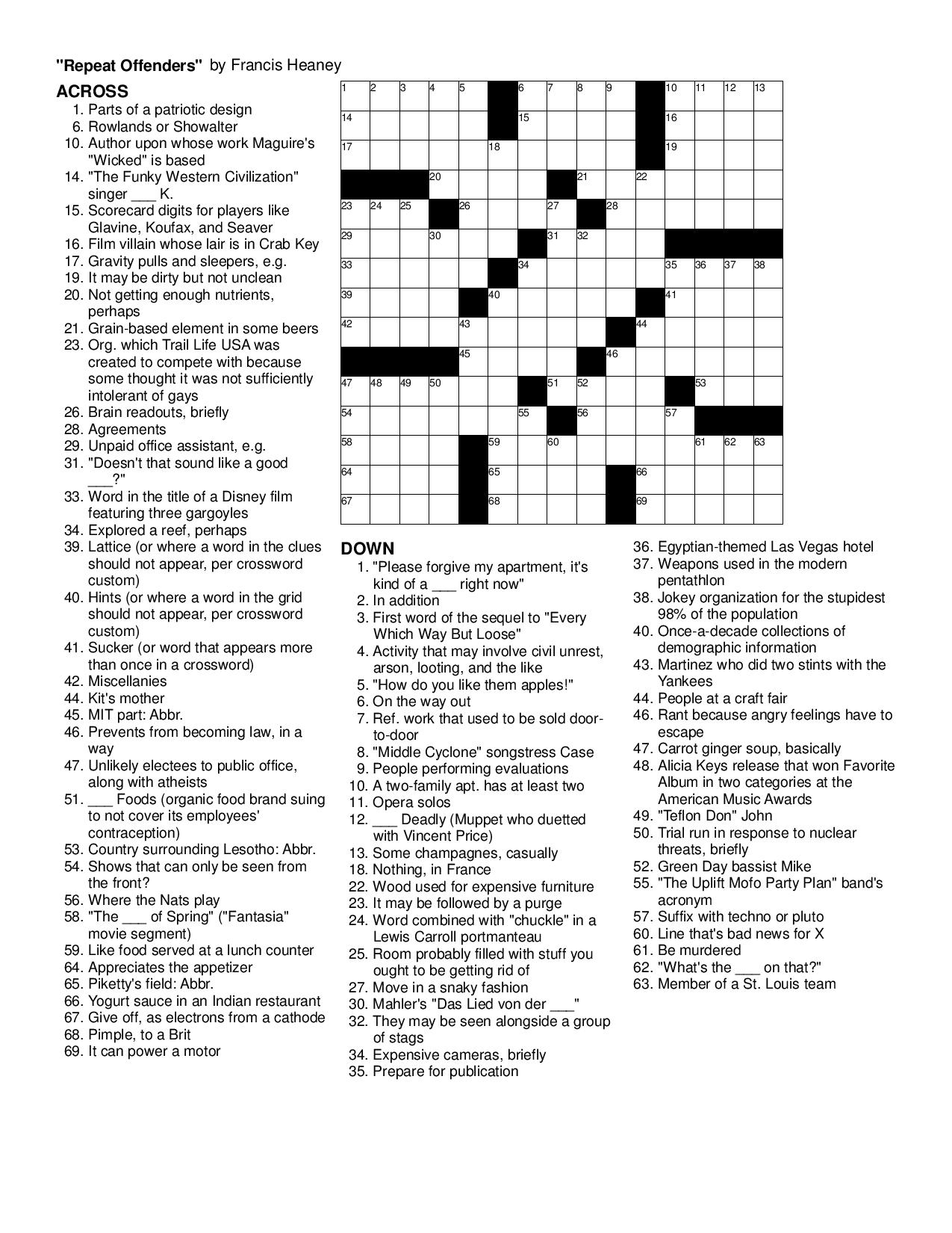 MGWCC 330 Friday September 26th 2014 GUEST CONSTRUCTOR MONTH PUZZLE 4 Repeat Offenders By Francis Heaney Matt Gaffney s Weekly Crossword Contest