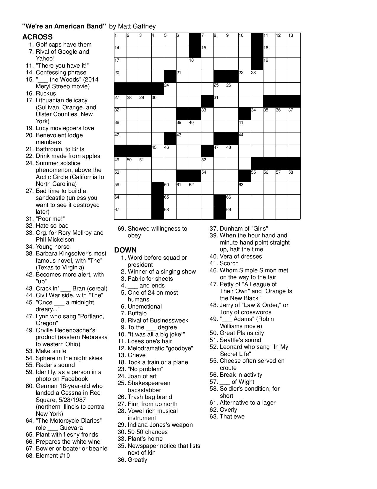 MGWCC 332 Friday October 10th 2014 We re An American Band Matt Gaffney s Weekly Crossword Contest MGWCC 332 Friday October 10th 2014 We re An American Band Matt Gaffney s Weekly Crossword Contest