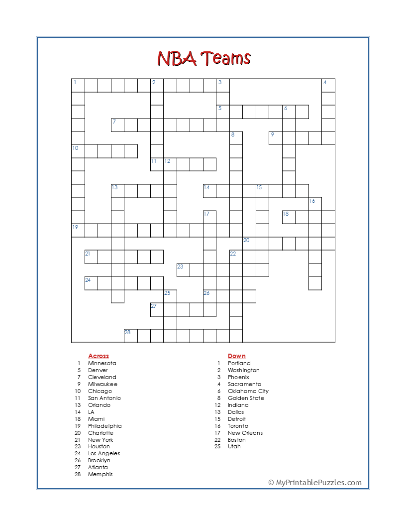 NBA Teams Crossword Puzzle My Printable Puzzles NBA Teams Crossword Puzzle My Printable Puzzles