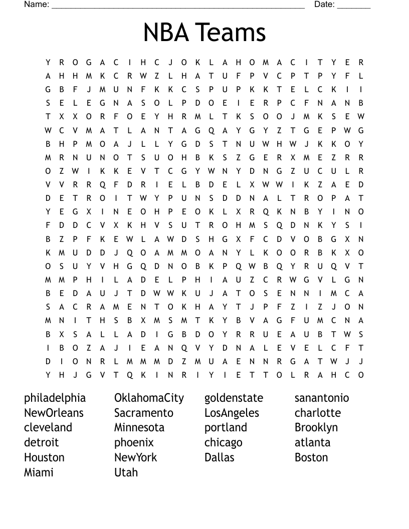 NBA Teams Word Search WordMint