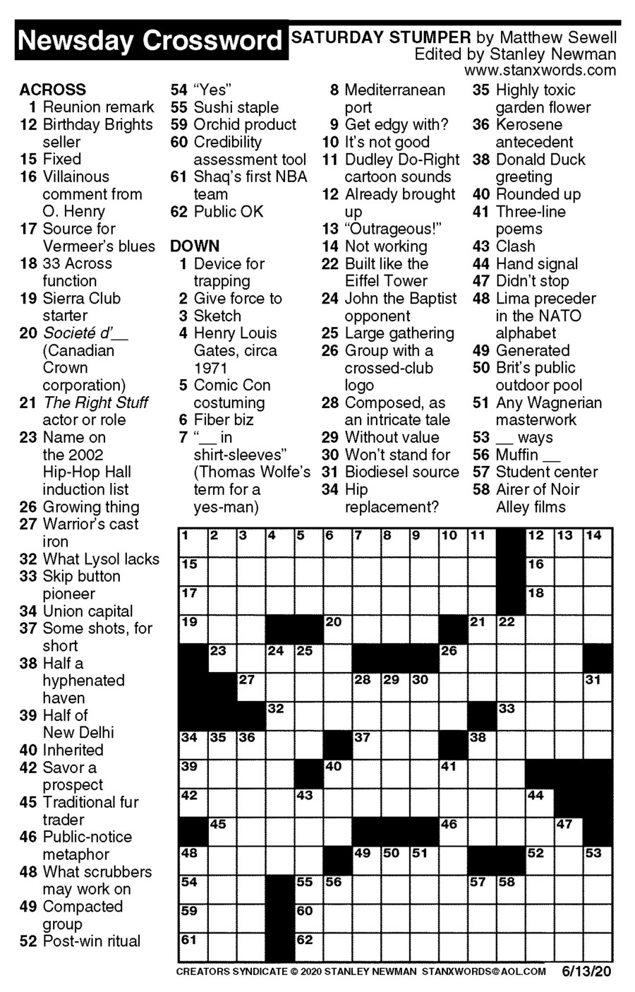 Newsday Crossword Puzzle For Jun 13 2020 By Stanley Newman Creators Syndicate Newsday Crossword Puzzle For Jun 13 2020 By Stanley Newman Creators Syndicate