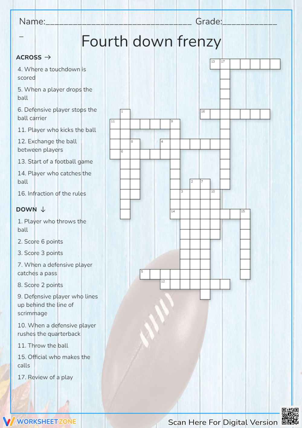 NFL Crossword Puzzle Worksheets Printable