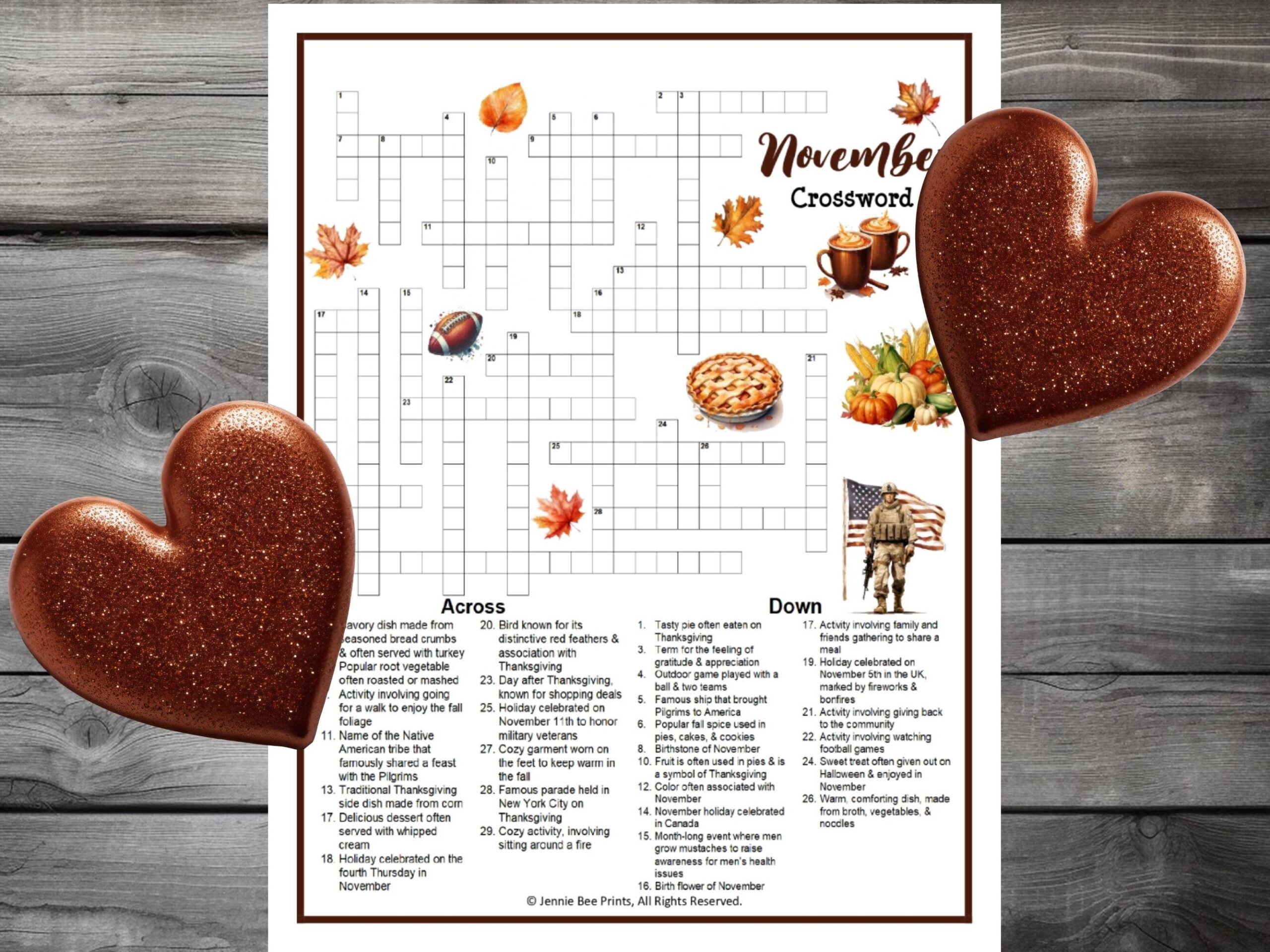 November Crossword Puzzle Family Friendly Fun Printable Puzzles For Adults Seniors Teens U0026 Kids Thanksgiving Group Printable Crossword Etsy