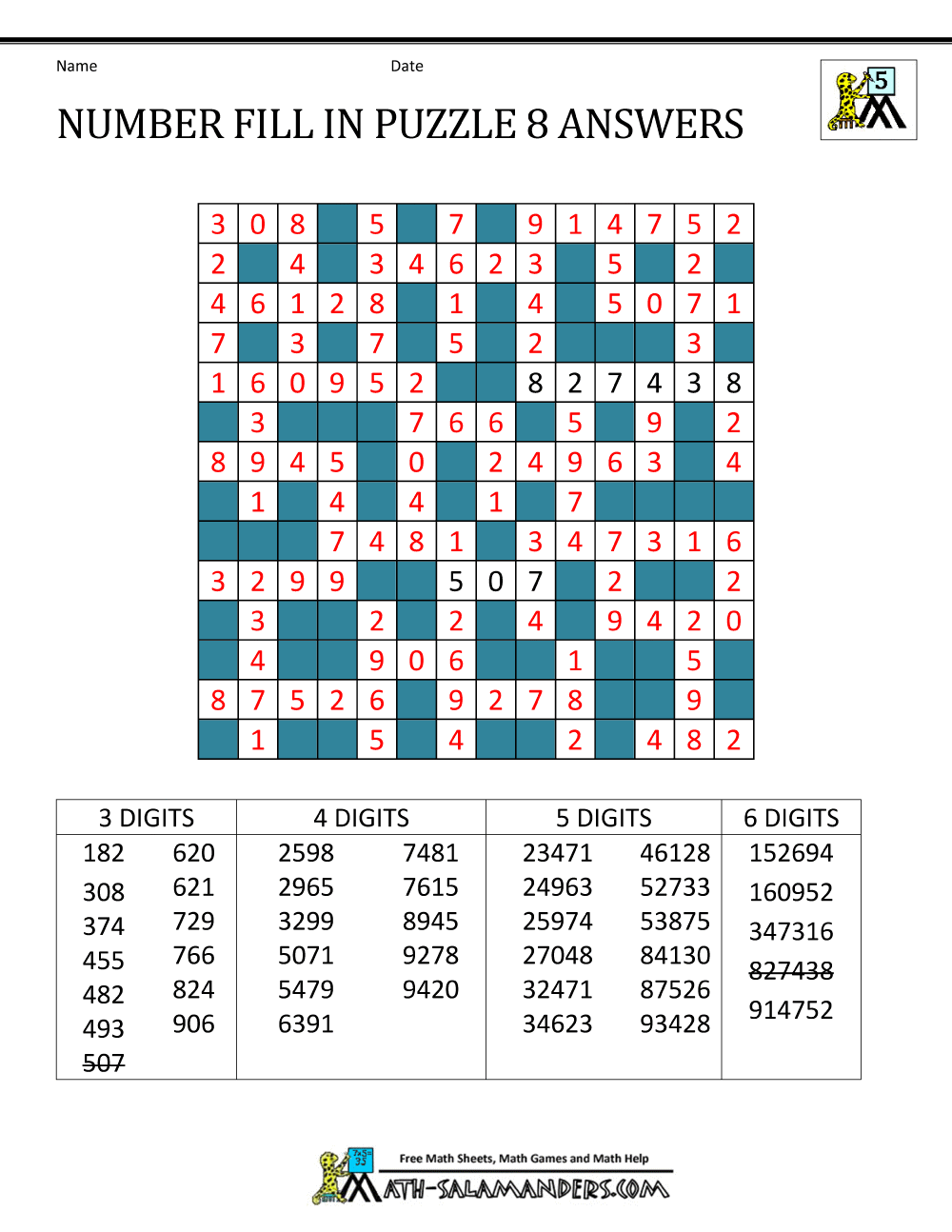 Number Fill In Puzzles Number Fill In Puzzles