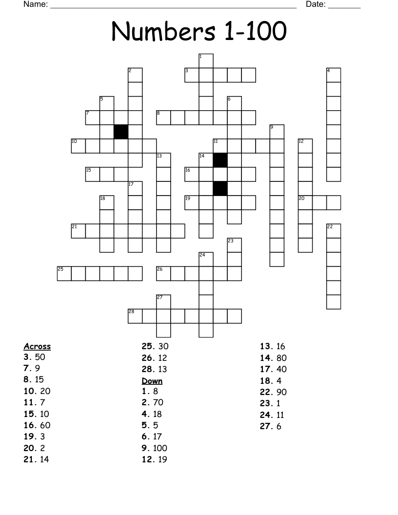 Numbers 1 100 Crossword WordMint Numbers 1 100 Crossword WordMint