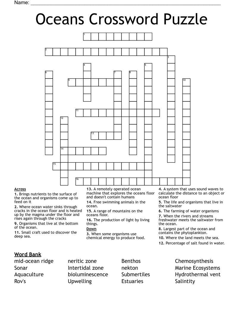 Oceans Crossword Puzzle WordMint Oceans Crossword Puzzle WordMint
