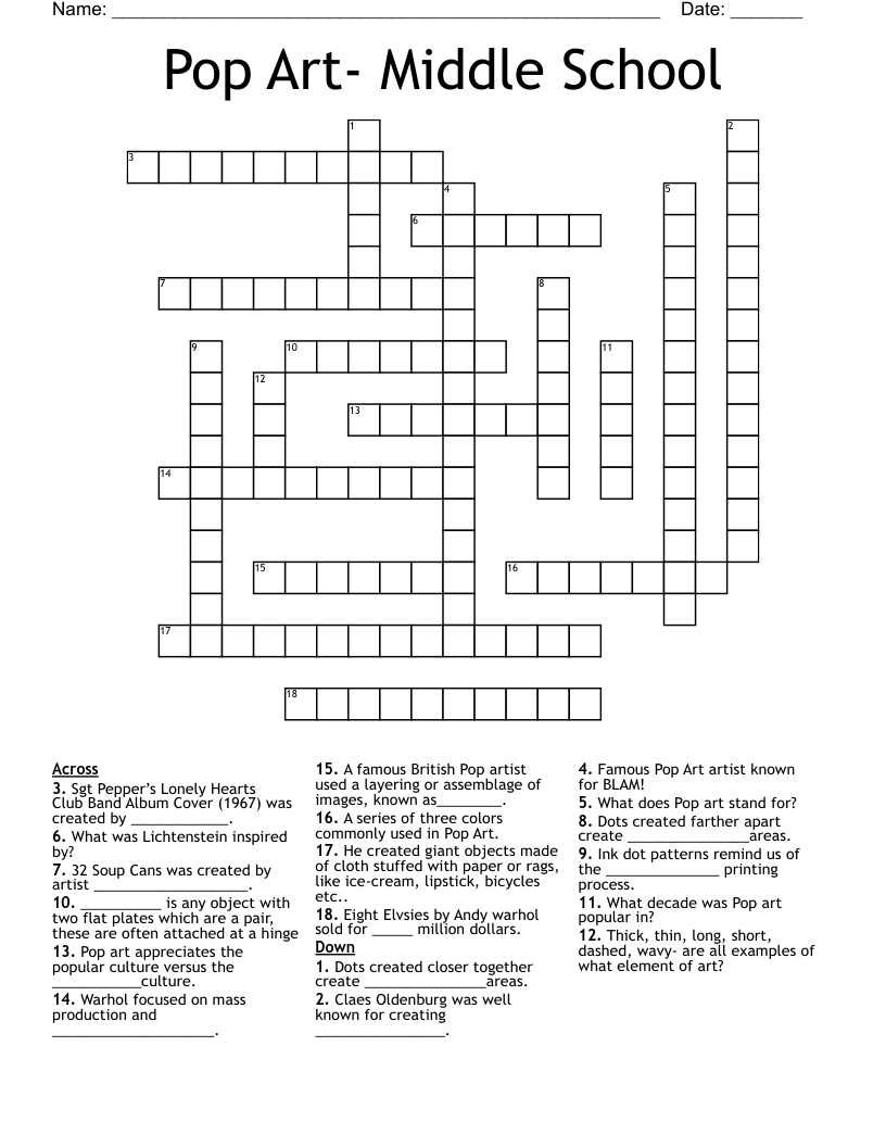 Pop Art Middle School Crossword WordMint Pop Art Middle School Crossword WordMint