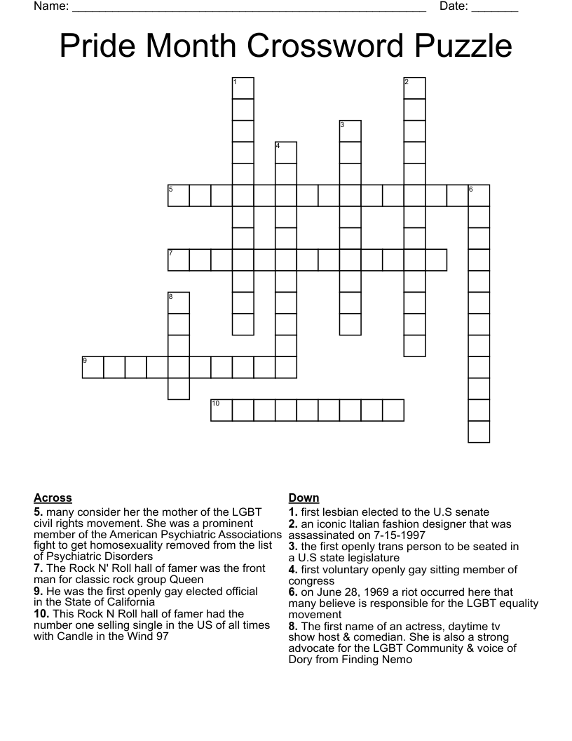 Pride Month Crossword Puzzle WordMint