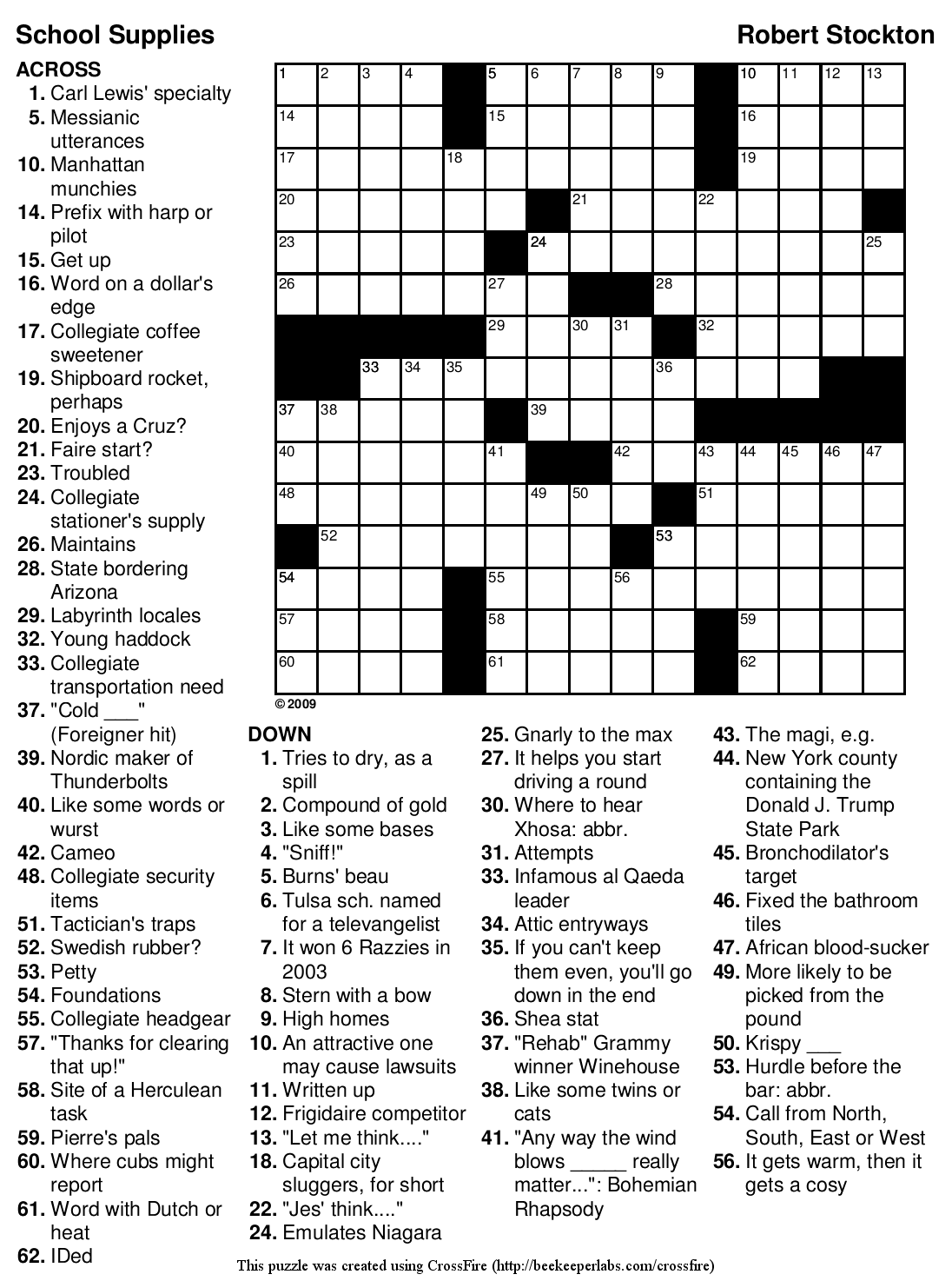 Printable Crossword Puzzle 95 School Supplies Beekeeper Crosswords Printable Crossword Puzzle 95 School Supplies Beekeeper Crosswords