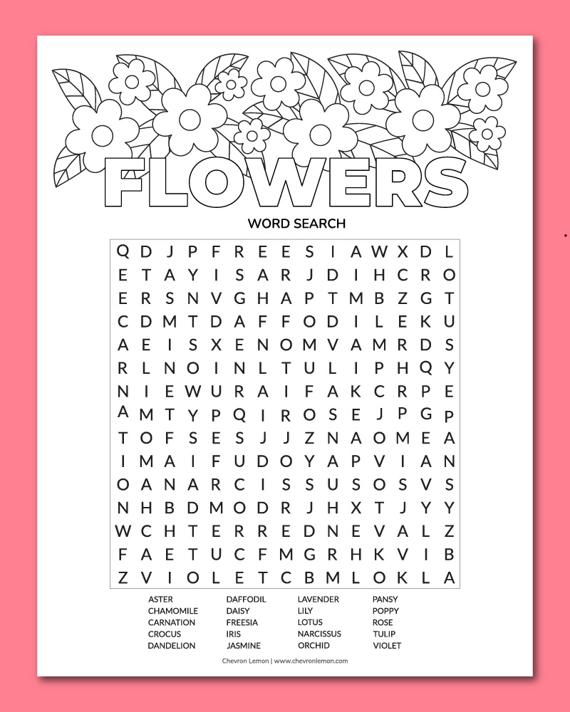 Printable Flower Word Search Chevron Lemon Printable Flower Word Search Chevron Lemon