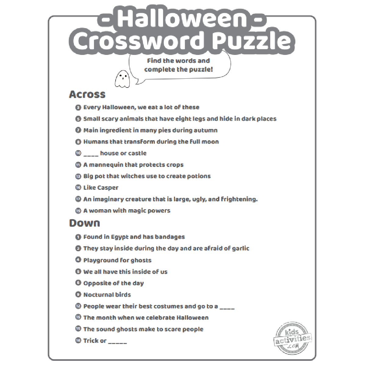 Printable Halloween Crossword Puzzles For Kids Kids Activities Blog