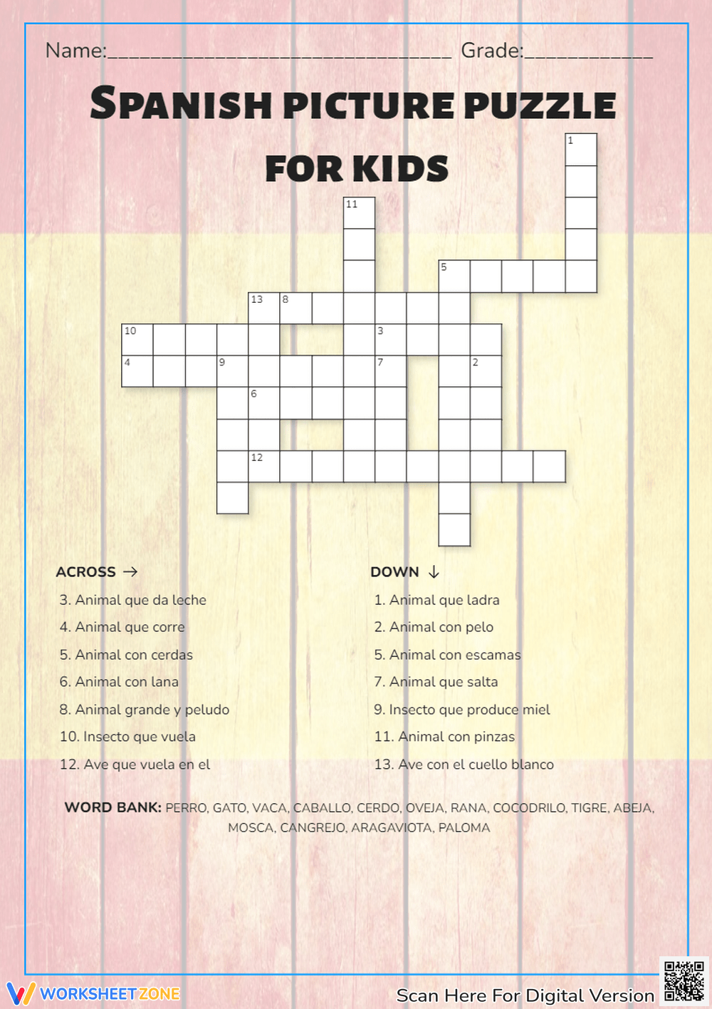 Printable Spanish Crossword Puzzle Worksheets