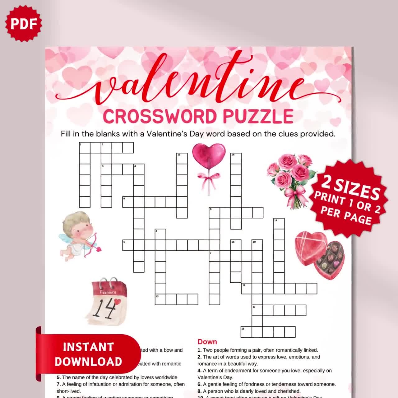 printable valentines day crossword puzzle valentine party game for adults kids family games word puzzle valentines classroom activity etsy