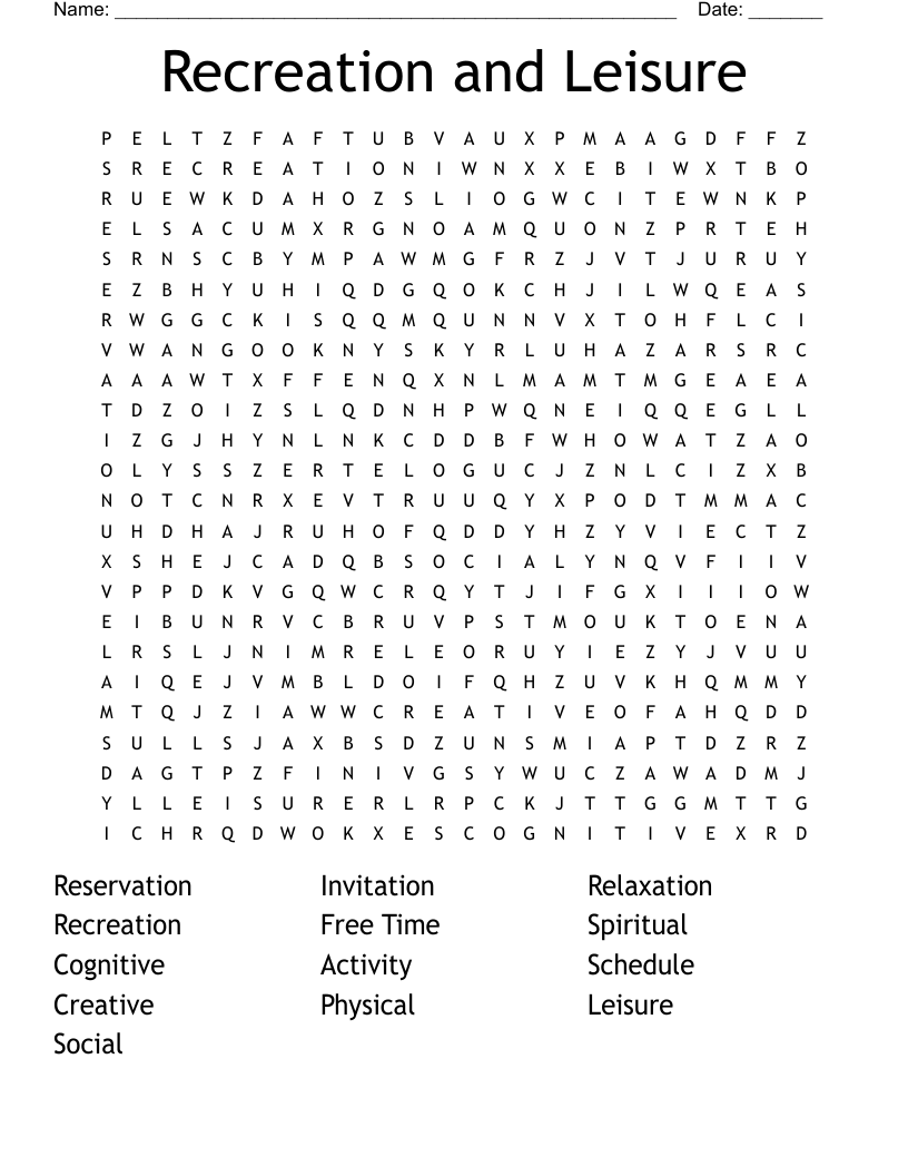 Recreation And Leisure Word Search WordMint Recreation And Leisure Word Search WordMint