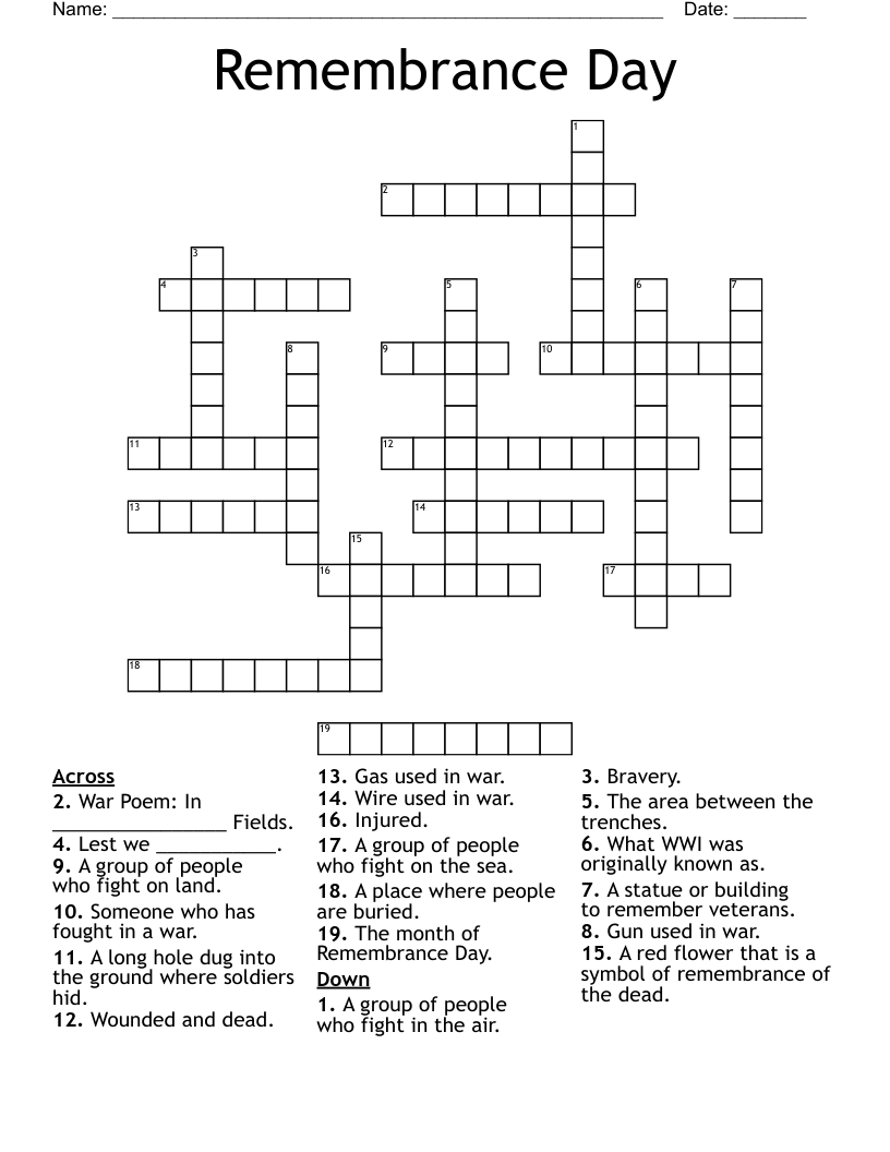 Remembrance Day Crossword WordMint