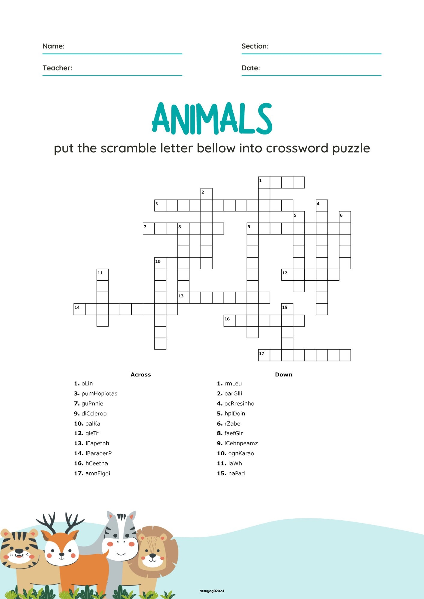 Scrambled Animals Crossword For Kids 7 page Printable PDF Fun School Activity Easy Print A4 letter Instant Download Etsy