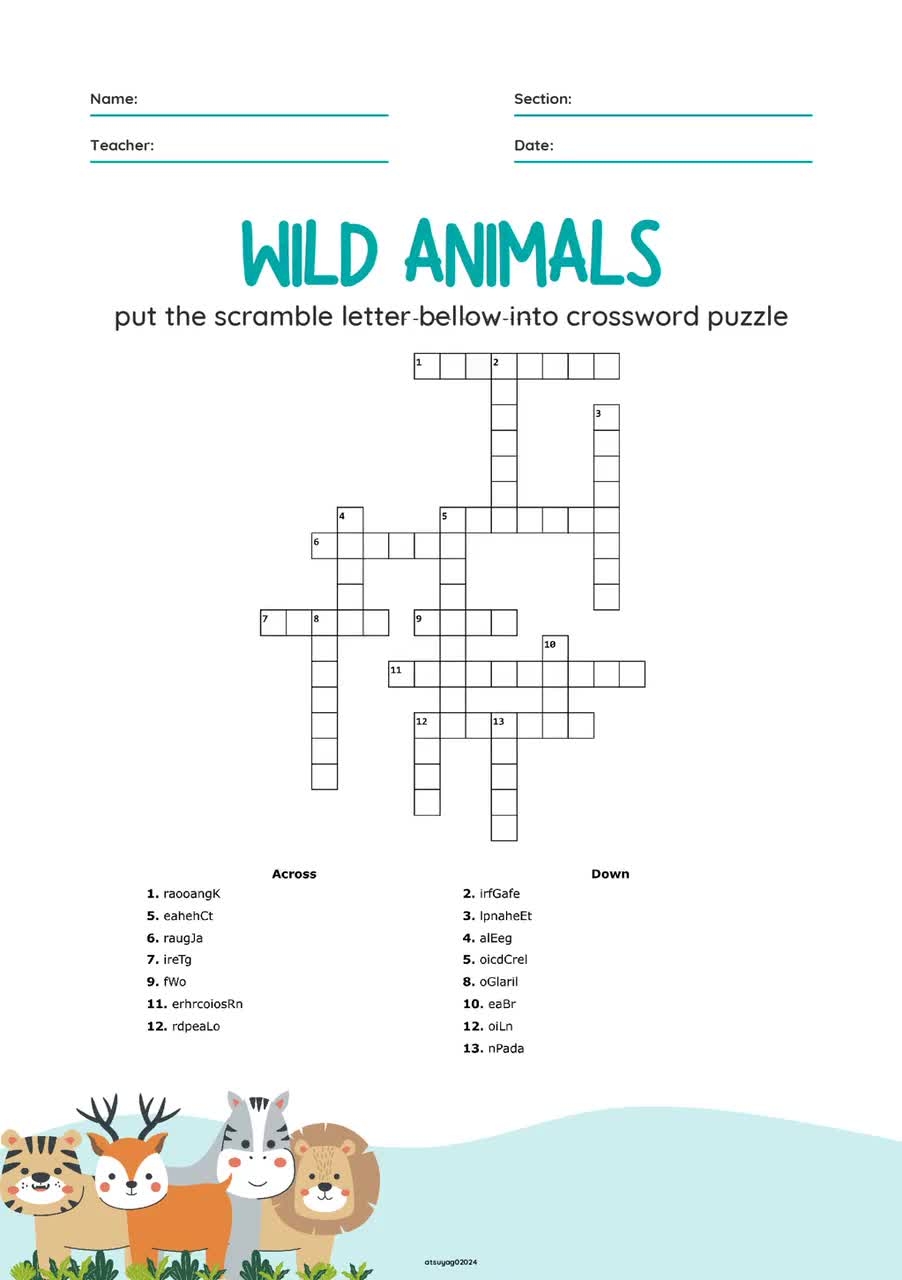 Animals Crossword Puzzles Printable for 7th Grade Animals Crossword Puzzles Printable for 7th Grade