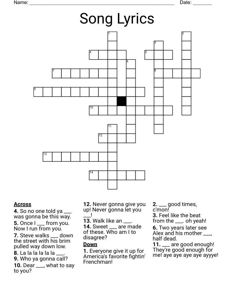 Song Lyrics Crossword WordMint Song Lyrics Crossword WordMint