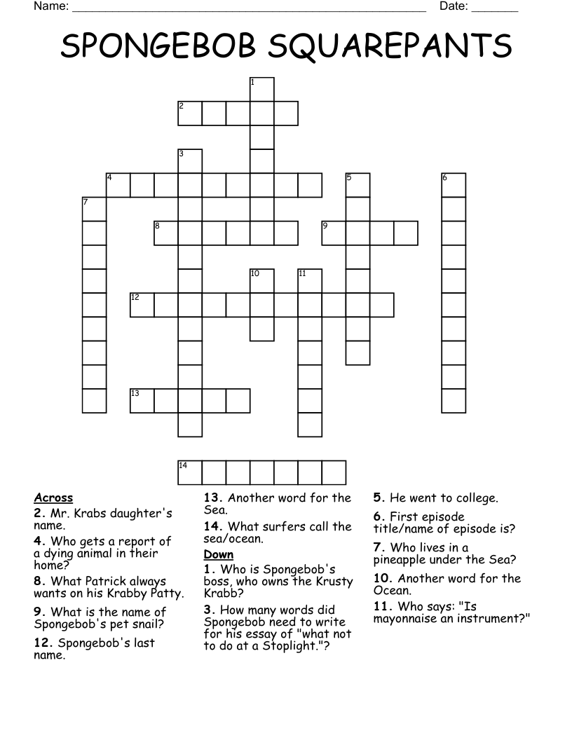 SPONGEBOB SQUAREPANTS Crossword WordMint SPONGEBOB SQUAREPANTS Crossword WordMint