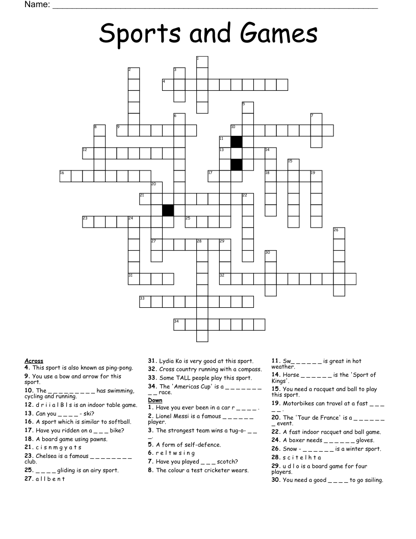 Sports And Games Crossword WordMint