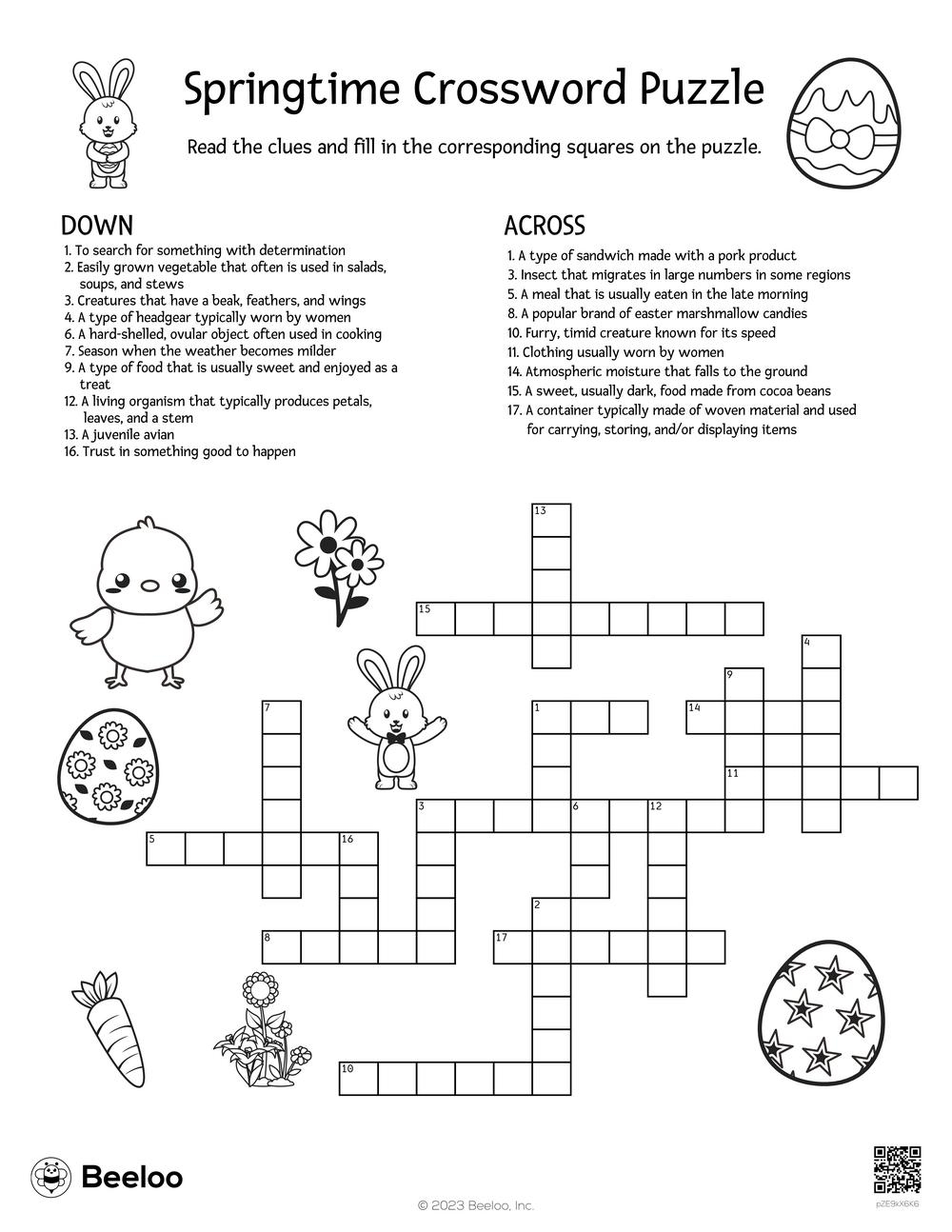 Kids Puzzle Sheets Printable Spring Crossword