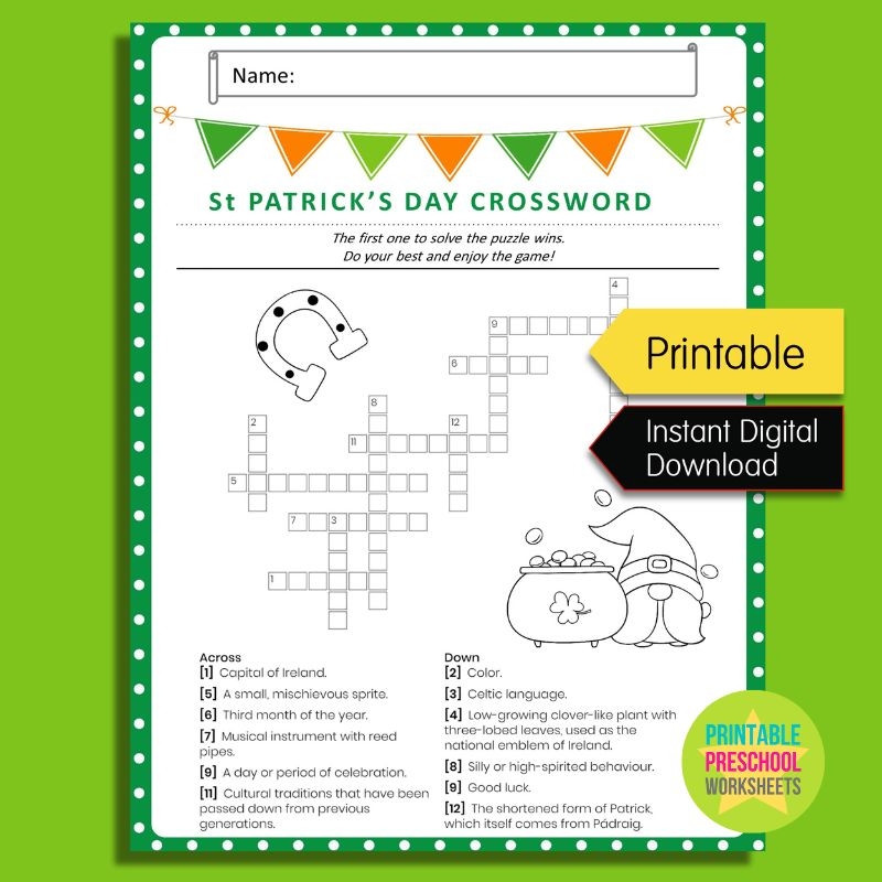 St Patrick s Day Crossword Puzzle Printable Game For St Paddy s Day Made By Teachers St Patrick s Day Crossword Puzzle Printable Game For St Paddy s Day Made By Teachers