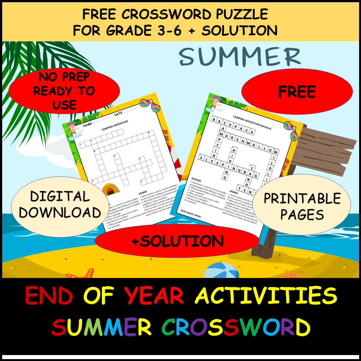 summer crossword puzzle free printable end of the year activities for grades 3 6 made by teachers