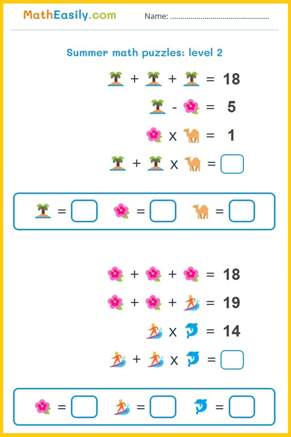 Math Summer Crossword Puzzle Free Printable PDF