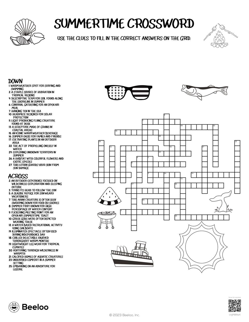 Summertime Crossword Beeloo Printable Crafts And Activities For Kids Summertime Crossword Beeloo Printable Crafts And Activities For Kids