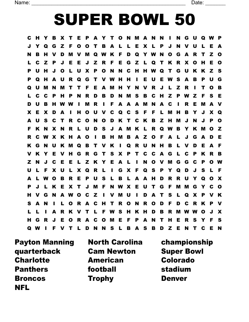 SUPER BOWL 50 Word Search WordMint SUPER BOWL 50 Word Search WordMint