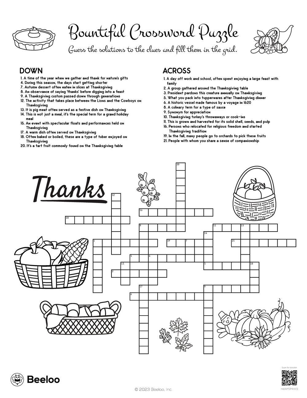 Thanksgiving Crossword Puzzle Free Printable with Answers