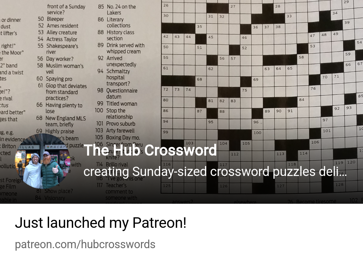 The Hub Crossword Creating Sunday sized Crossword Puzzles Delivered Weekly Patreon The Hub Crossword Creating Sunday sized Crossword Puzzles Delivered Weekly Patreon