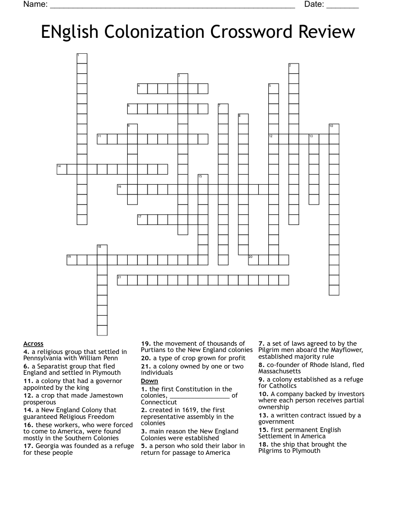 The New England Colonies Crossword WordMint