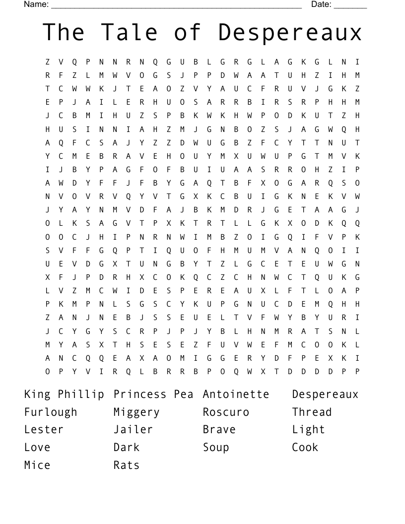 The Tale Of Despereaux Word Search WordMint The Tale Of Despereaux Word Search WordMint