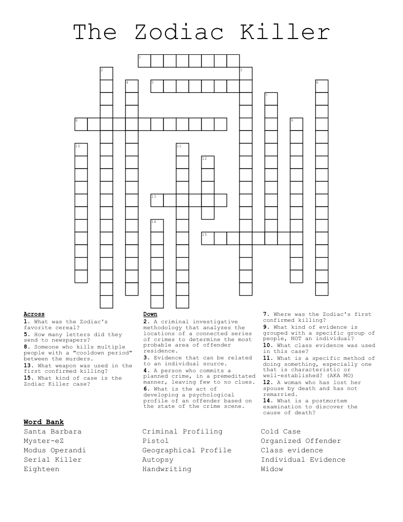 The Zodiac Killer Crossword WordMint The Zodiac Killer Crossword WordMint