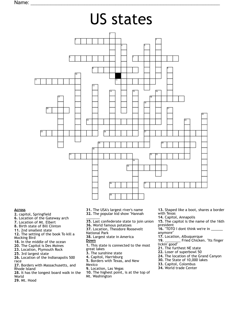 US States Crossword WordMint US States Crossword WordMint
