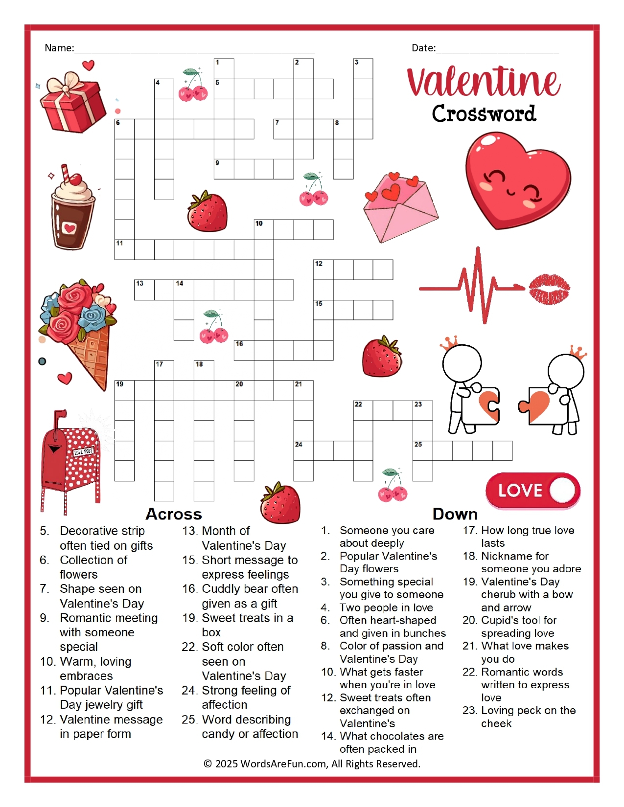 Crossword Valentine Theme Free Printable Crossword Valentine Theme Free Printable