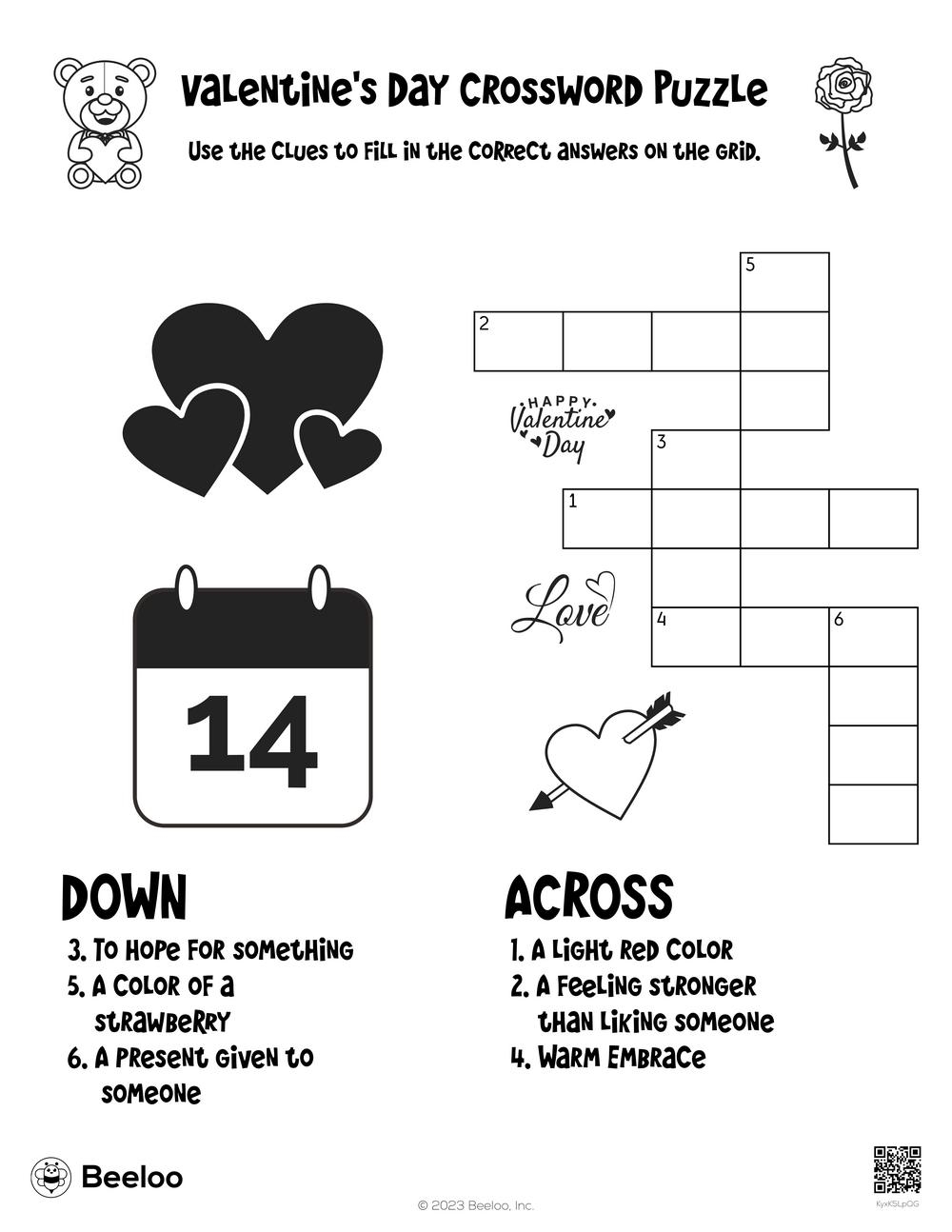 Valentine s Day Crossword Puzzle Beeloo Printable Crafts And Activities For Kids