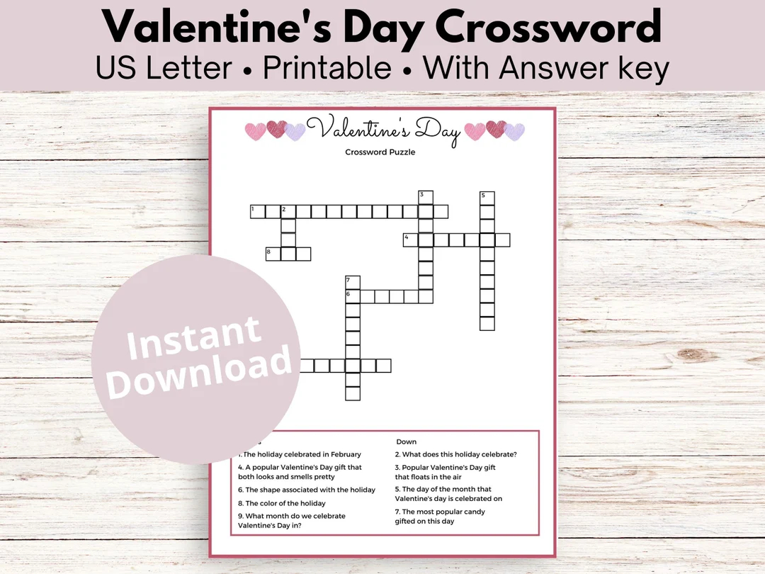 Valentine s Day Crossword Puzzle Printable Kid s And Family Puzzle Game Etsy
