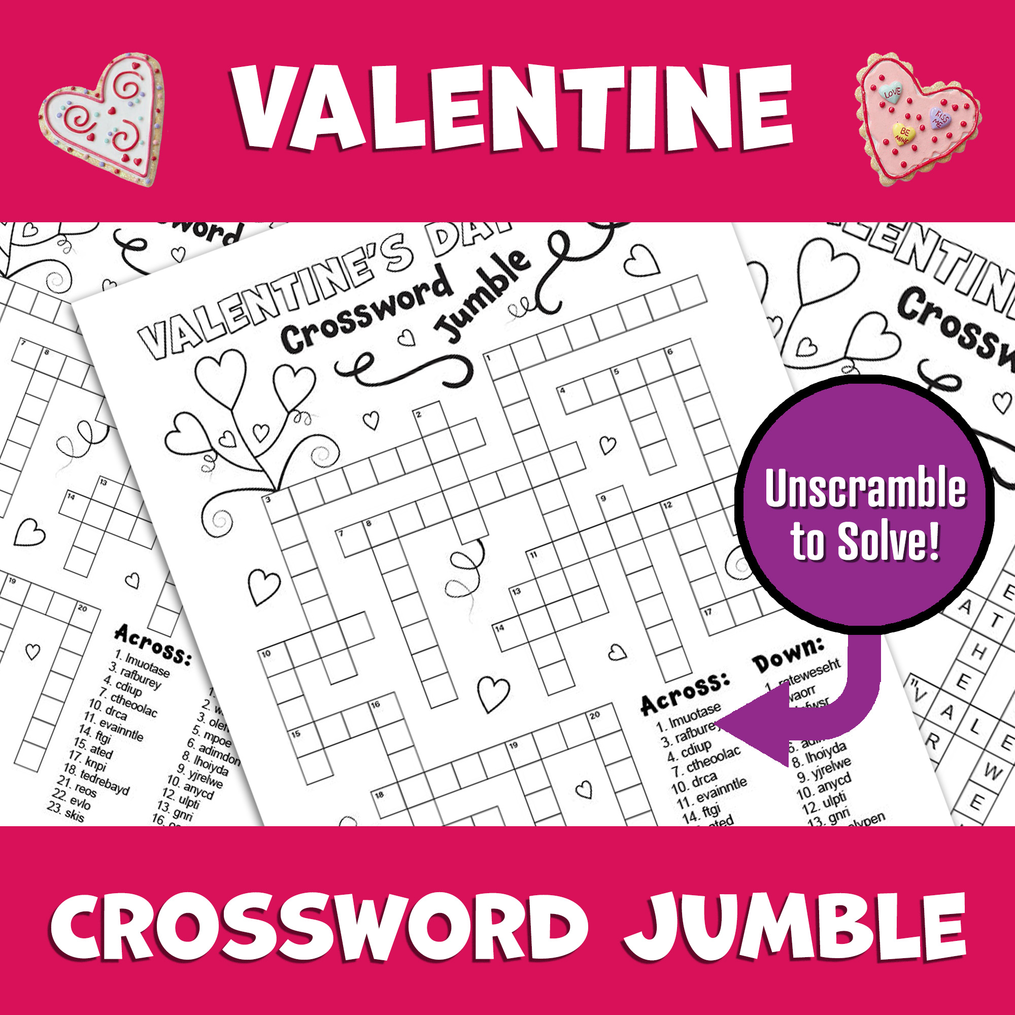 Valentine s Day Crossword Puzzle Winter Word Scramble February Activity Made By Teachers