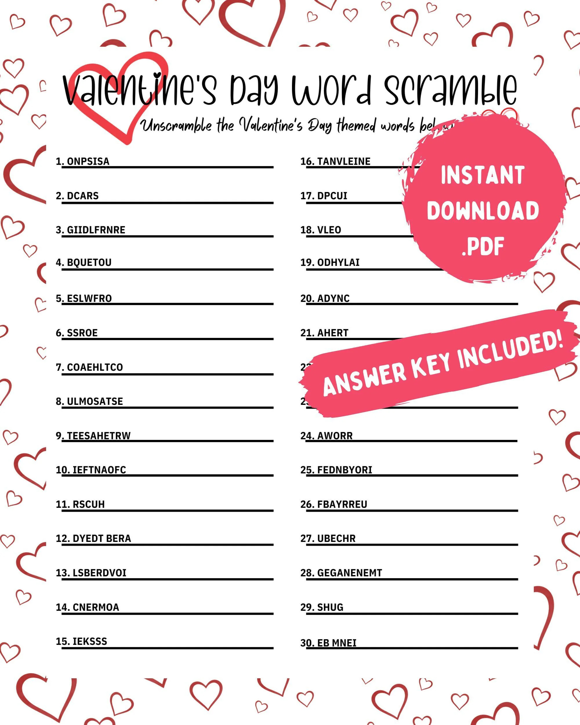 Valentine s Day Word Scramble With Answer Key Printable Valentine s Day Word Scramble Valentine s Day Activities Printable Games Etsy