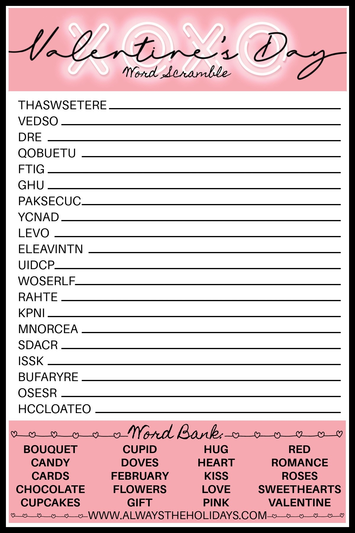 Valentine s Day Word Scramble With Answers Valentine s Printable