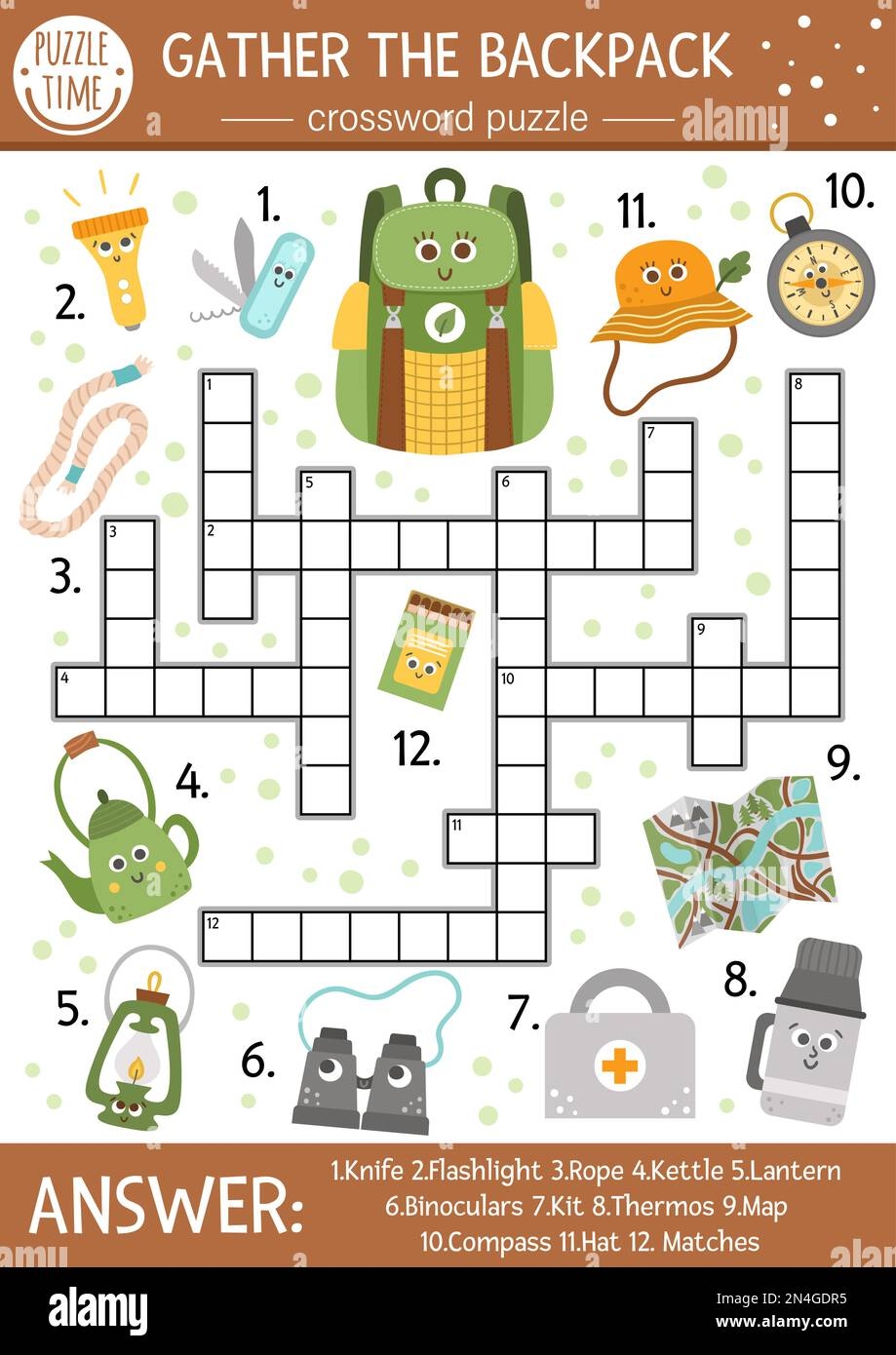 Vector Camping Crossword Puzzle For Kids Simple Summer Camp Quiz With Forest Equipment For Children Educational Activity With Compass Thermos Bag Stock Vector Image Art Alamy