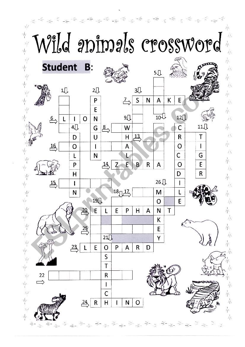 Wild Animal Crossword Pair Work B ESL Worksheet By An43 Wild Animal Crossword Pair Work B ESL Worksheet By An43