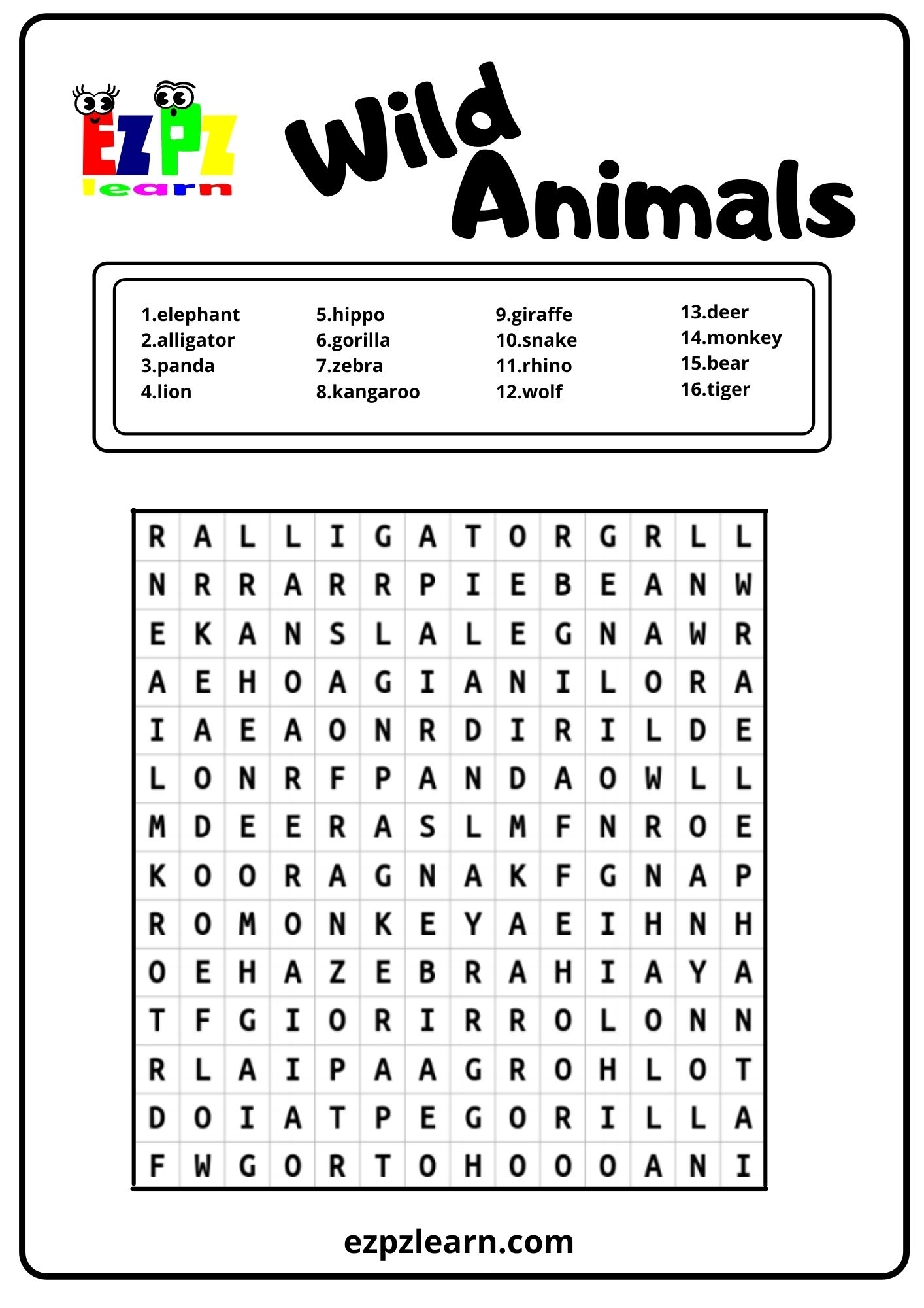 Wild Animals Word Search Ezpzlearn Wild Animals Word Search Ezpzlearn