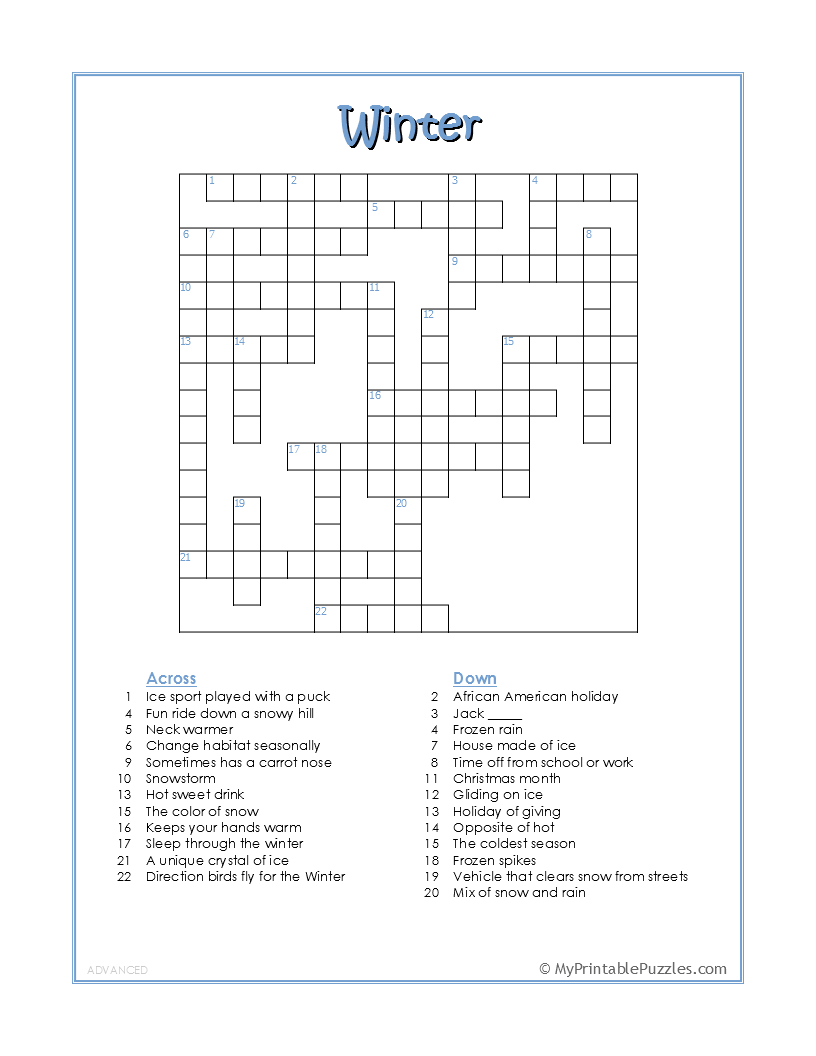 Winter Crossword Puzzle Advanced My Printable Puzzles Worksheets Library