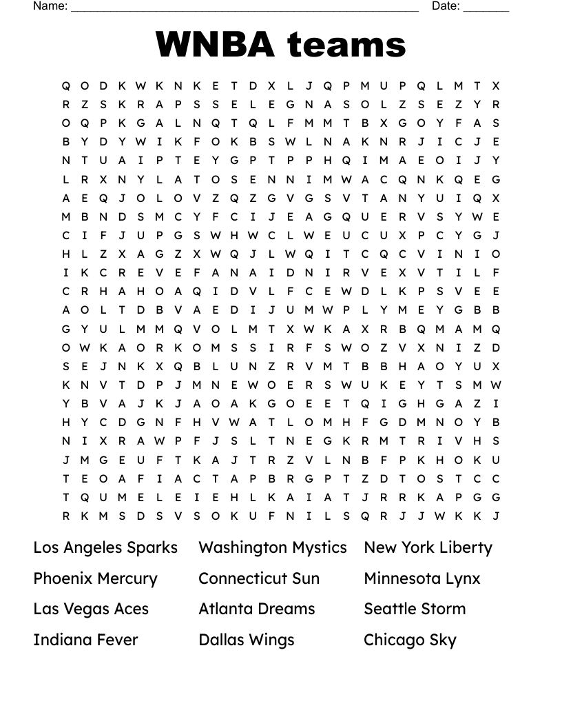 WNBA Teams Word Search WordMint WNBA Teams Word Search WordMint