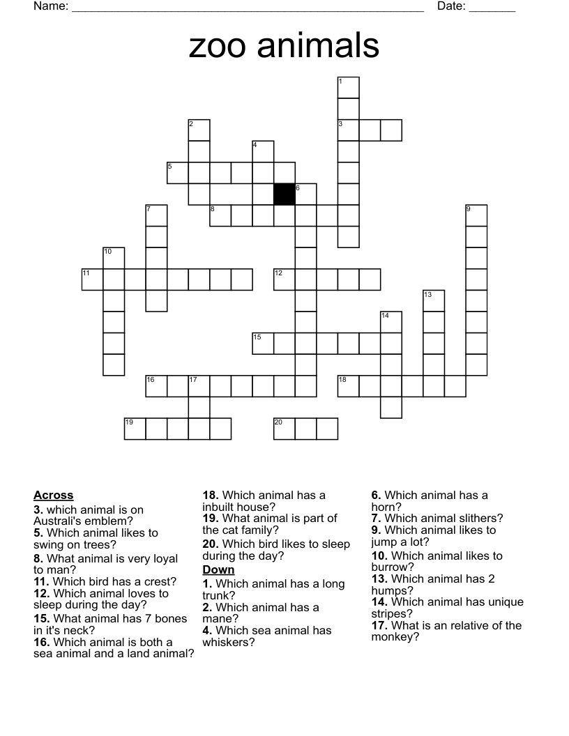 Zoo Animals Crossword WordMint Zoo Animals Crossword WordMint